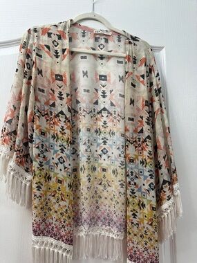 Jolt Aztec Fringe Open-Front Kimono - Cream Multi